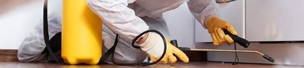 Roach exterminator treating cracks and crevices along kitchen baseboards in Cape Coral, FL